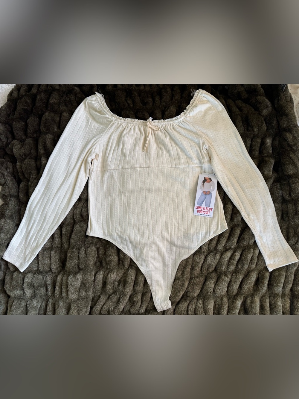 Celebrity Pink Ivory Ribbed Long Sleeve Bodysuit